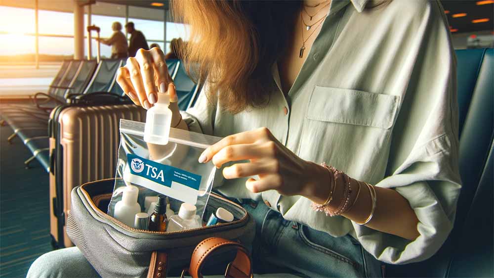 A woman putting lube into her TSA approved clear bag