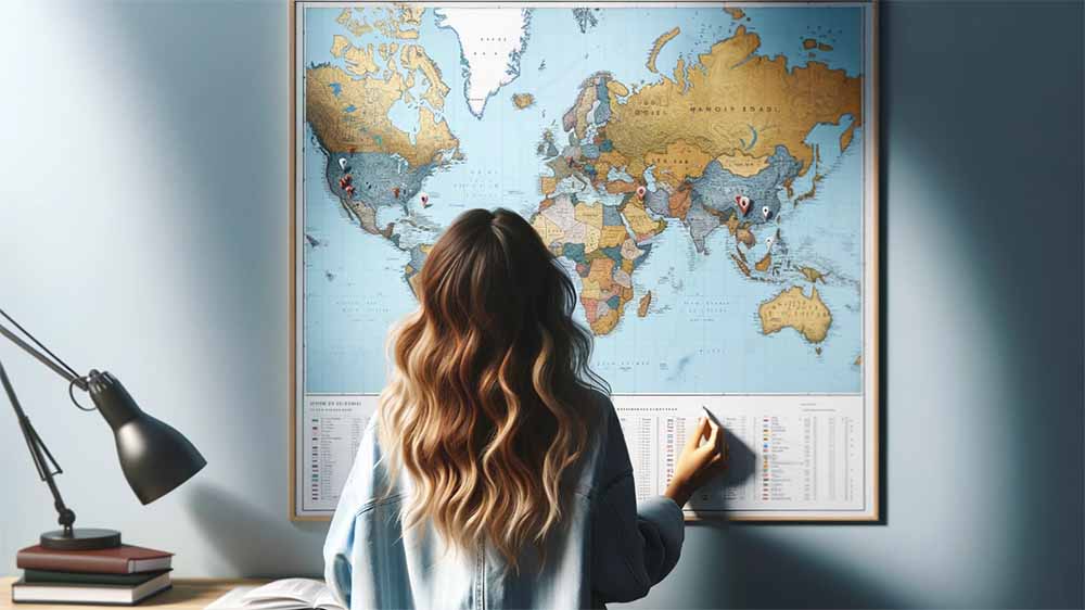 A woman looking at a world map