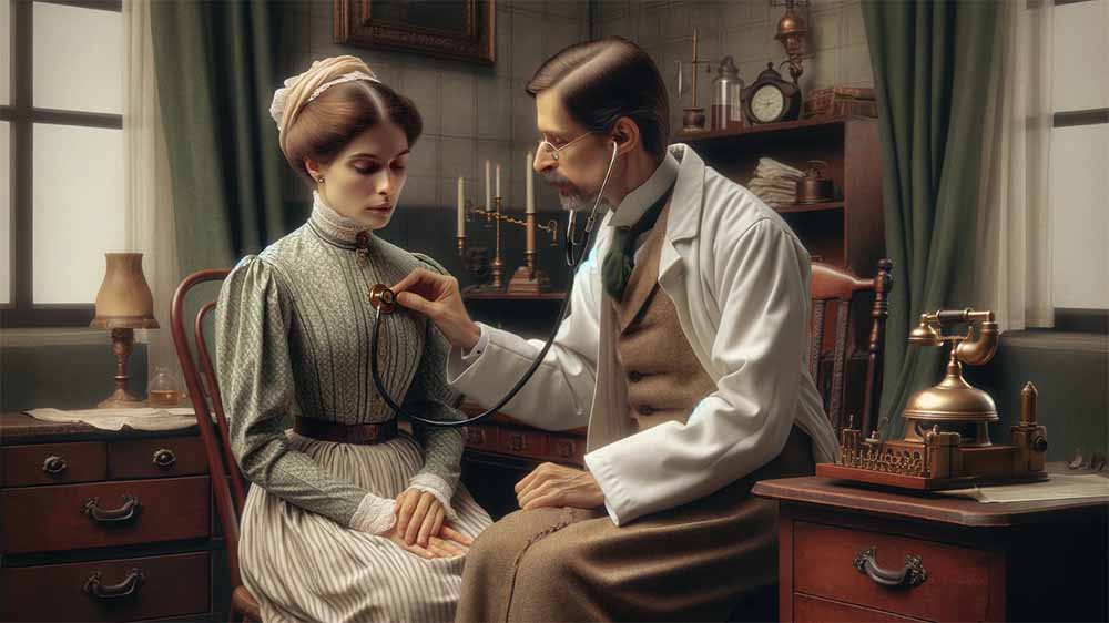 A doctor from the Victorian era examining a woman patient