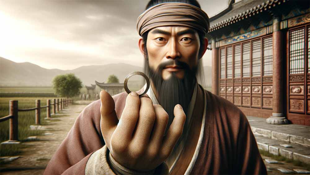 A Chinese man from the Jin dynasty era holding a metal cock ring