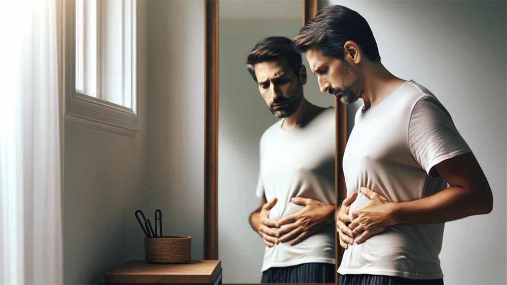 A man standing in front of the mirror concerned about his belly size