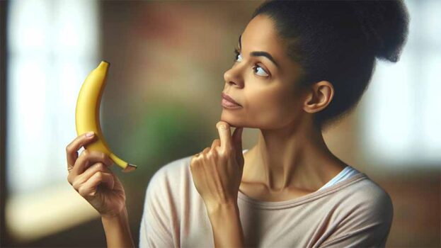 A woman holding a banana with a thoughtful facial expression