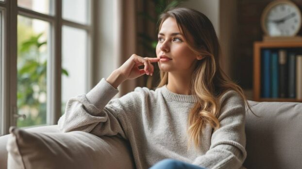 A woman sitting in a sofa with a thoughtful facial expression