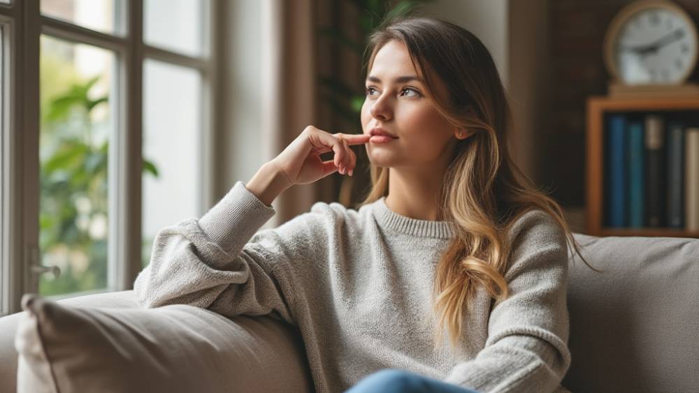 A woman sitting in a sofa with a thoughtful facial expression