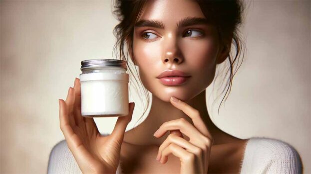 A woman holding a jar of coconut oil