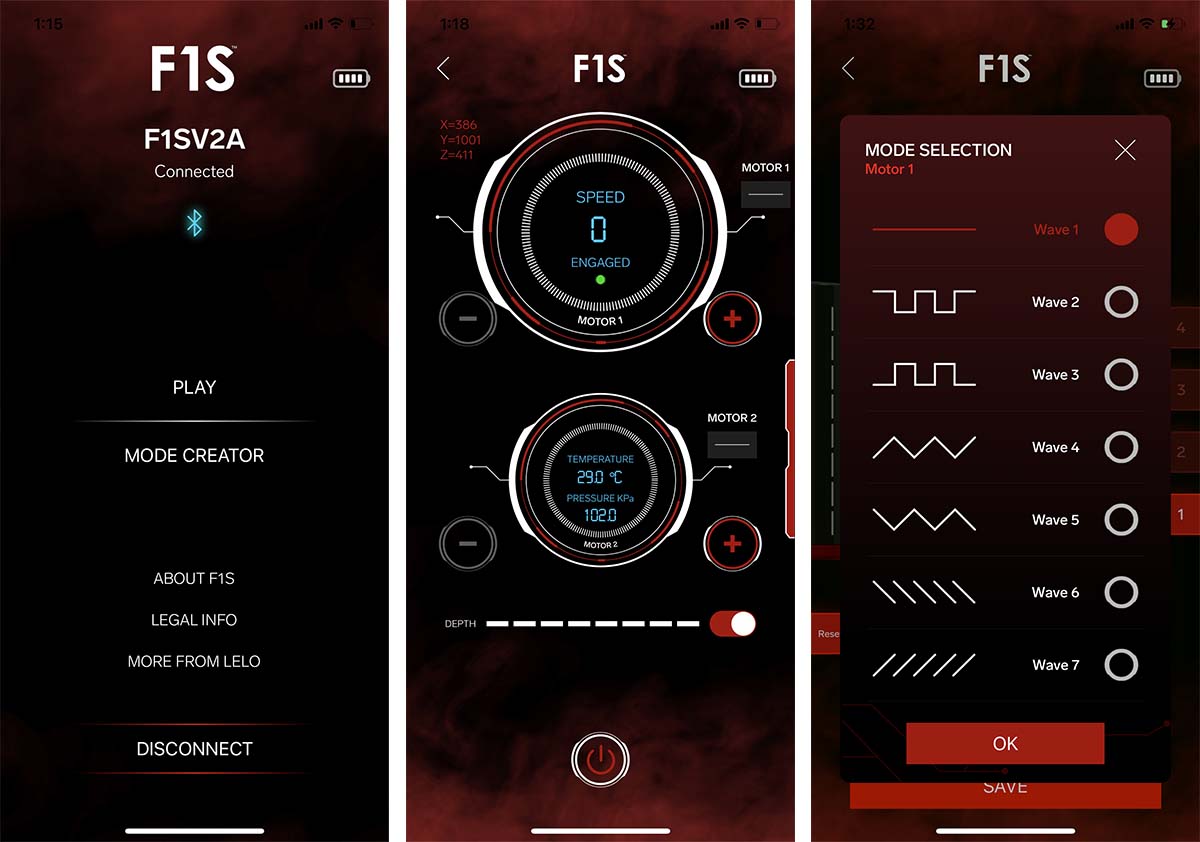 Screenshots from the F1s smartphone app