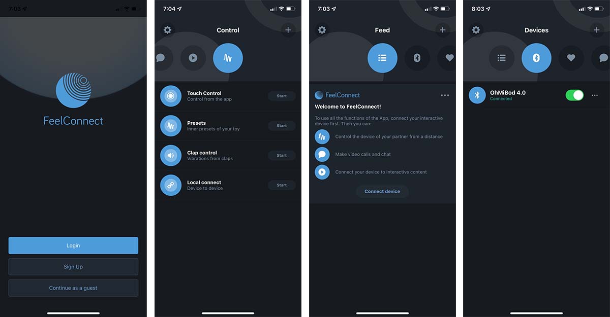 Screenshots from the FeelConnect App