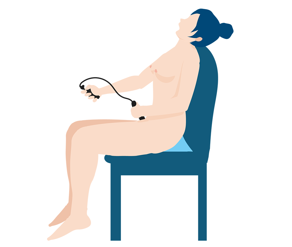 Seated chair position with a squirting dildo (Illustration)