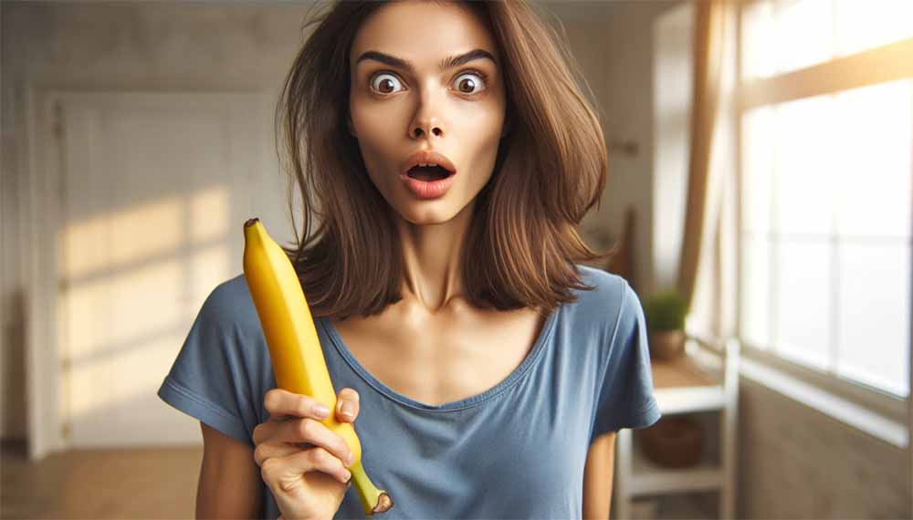 A woman holding a banana with a surprised facial expression