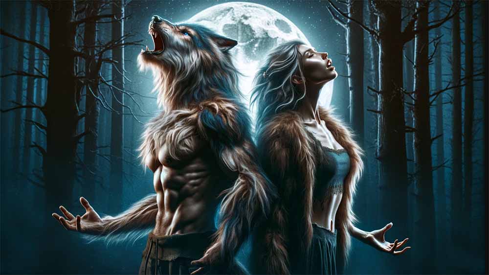 A part human, part wolf couple howling at the full moon