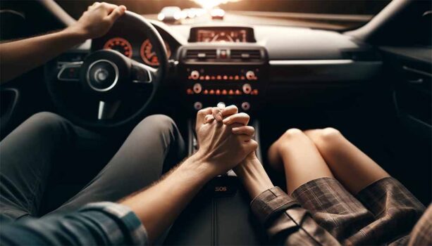 Couple holding hands in a car