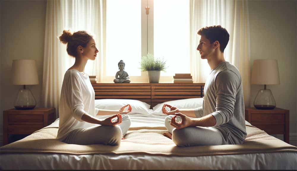 A couple meditating in the bedroom