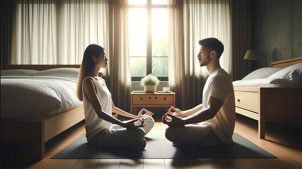 A couple meditating in the bedroom
