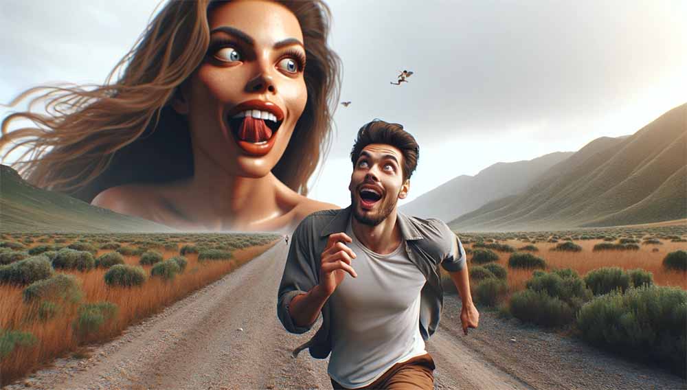 A giant, hungry woman is chasing a man