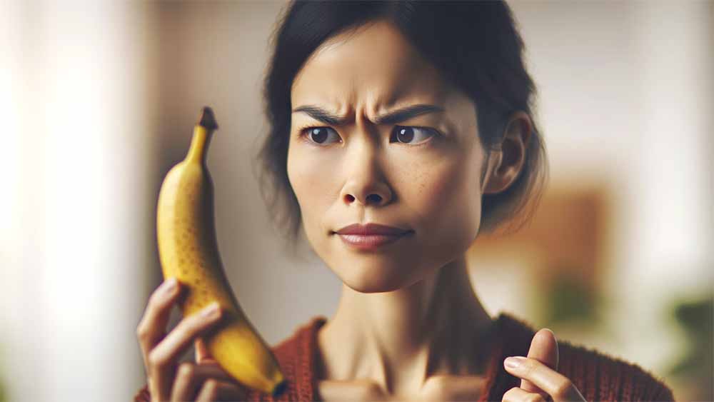 A woman looking at a banana with a confused look