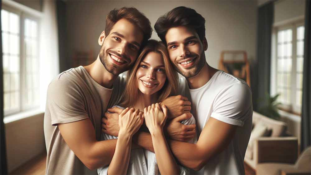 Two men and a woman hugging