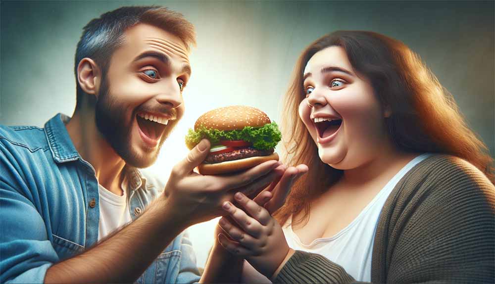 A feeder and feedee sharing a hamburger
