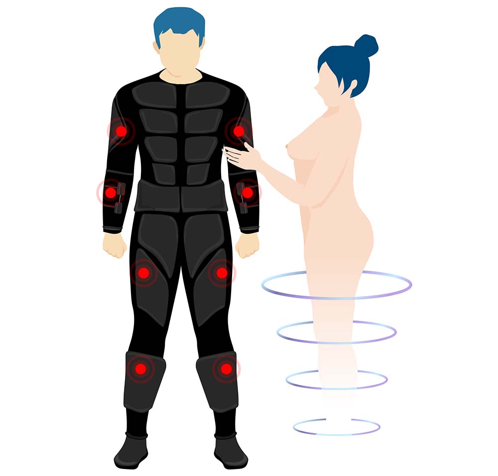 Man in haptic suit with his virtual girlfriend