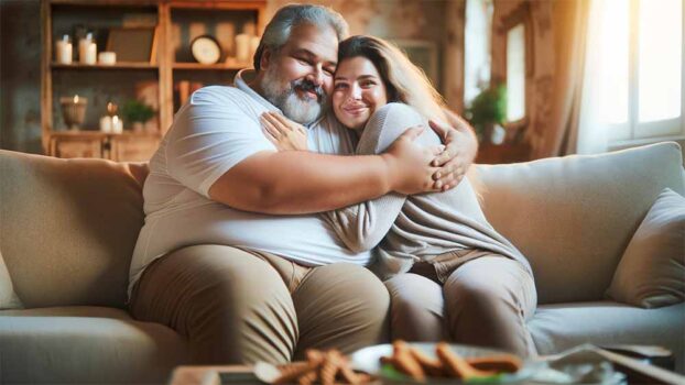 An overweight couple hugging