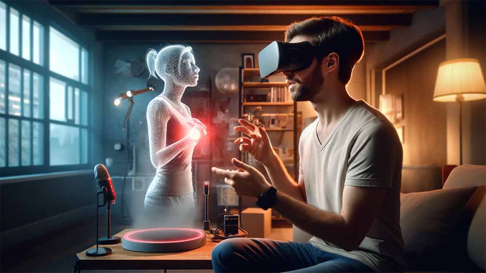 A man interacting with his virtual girlfriend with VR and IR.