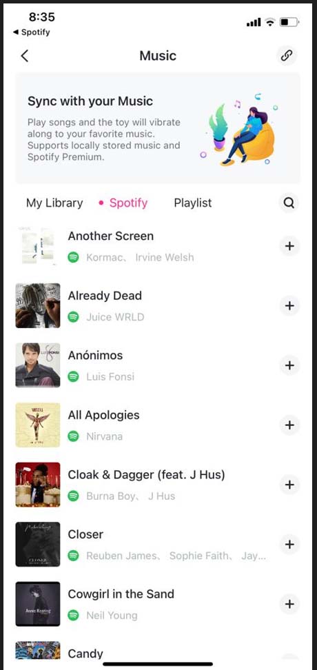 Screenshot of the music sync feature