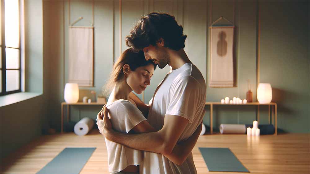 Couple hugging in a yoga studio
