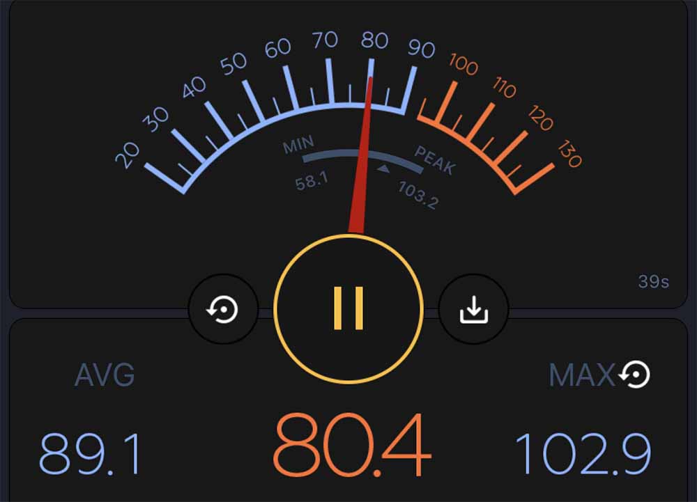Screenshot from my decibel app showing Mantric's sound level.