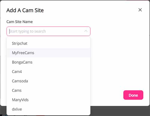 Select a cam site from the Lovense Cam Extension 