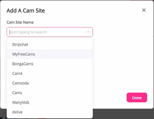 Select a cam site from the Lovense Cam Extension 