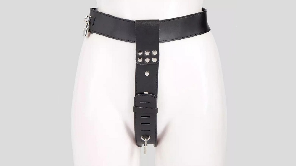 Bondage-Boutique-Deluxe-Leather-Female Chastity Belt with Dildo and Butt Plug