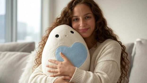 A woman hugging squishy toys