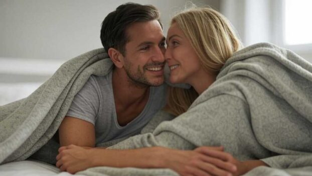 A couple hugging in bed