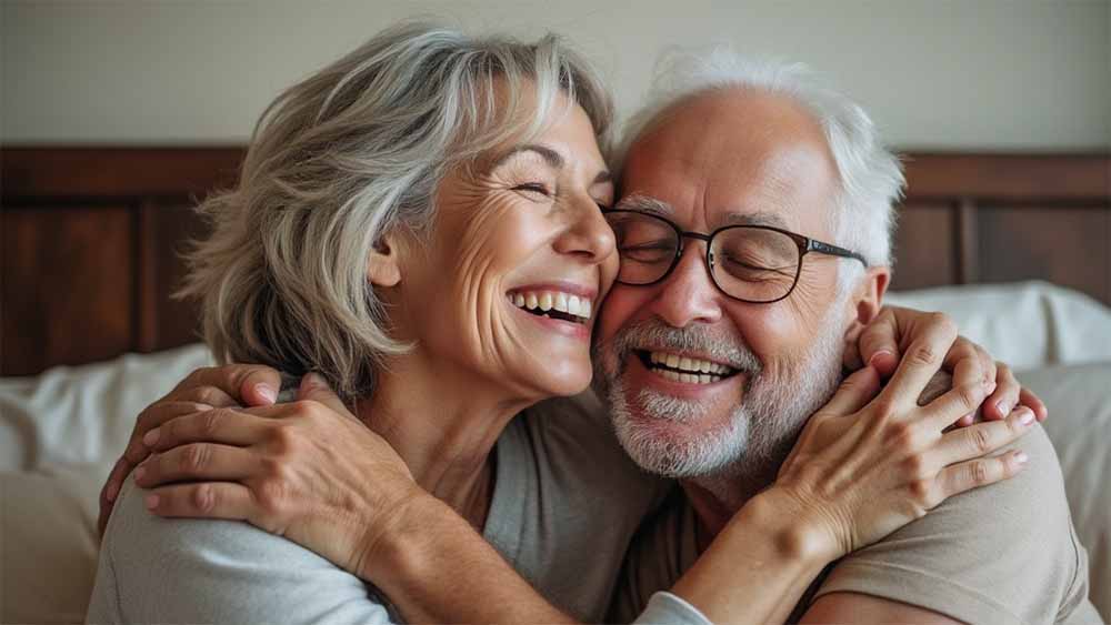 A senior couple hugging