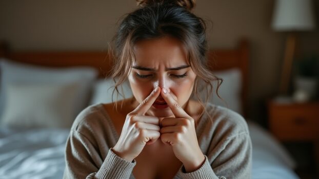 A woman pinching her nose