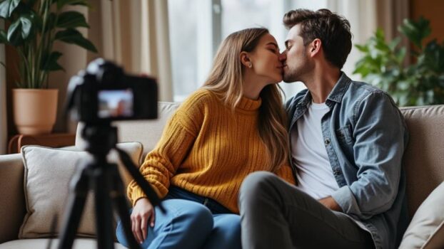 A couple kissing on front of a camera