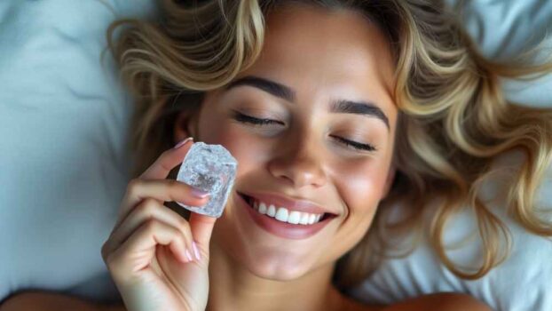 A woman holding an ice cube