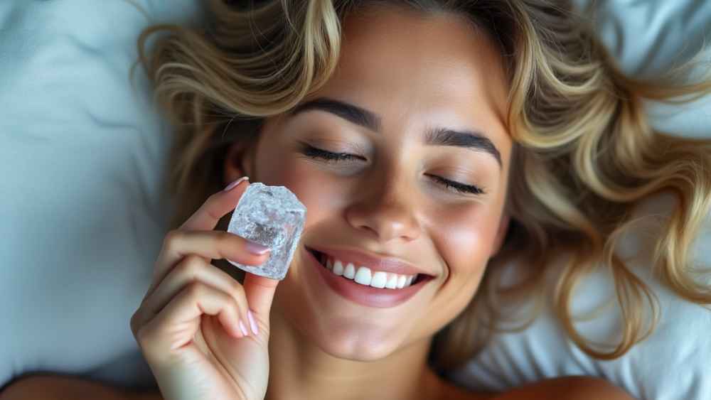A woman holding an ice cube