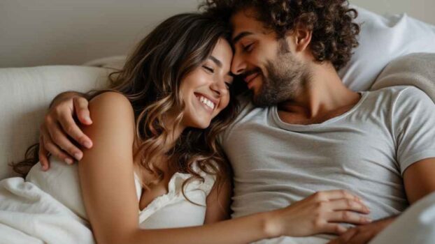 A couple hugging in bed