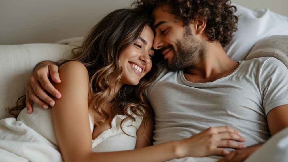 A couple hugging in bed