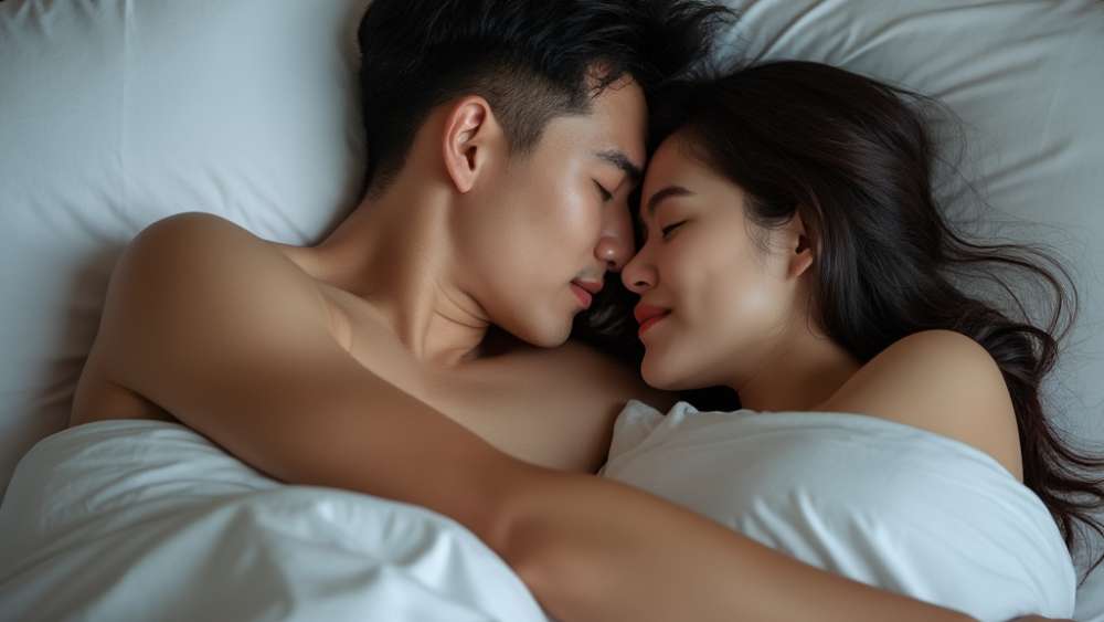 Asian couple hugging in bed