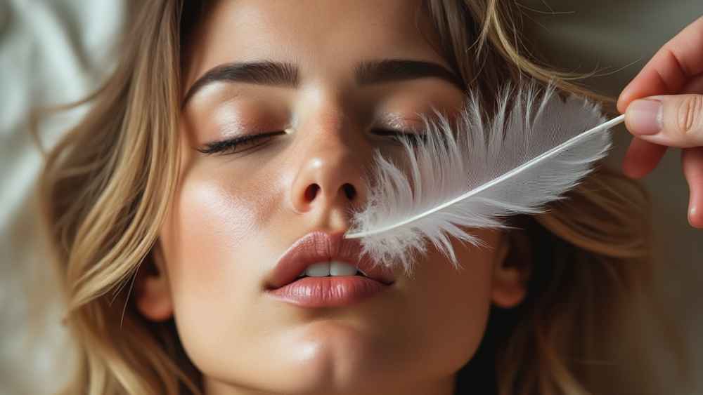 A woman being tickled by a feather