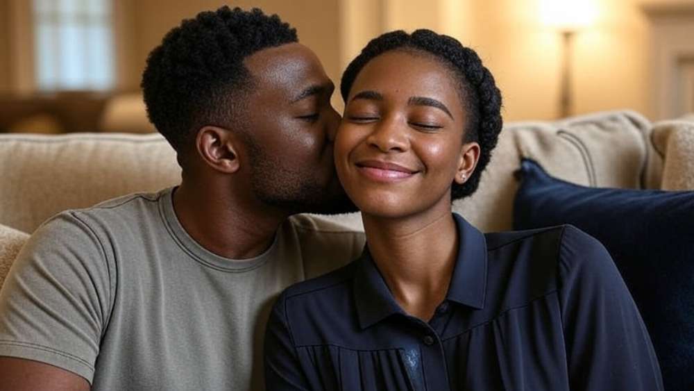 A man kissing a woman's neck