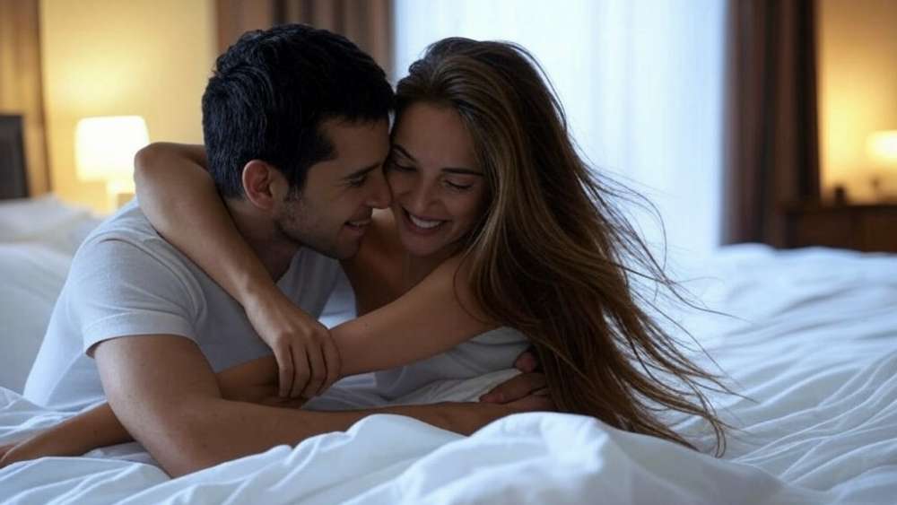 A couple hugging in bed