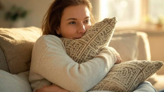 Woman hugging a pillow