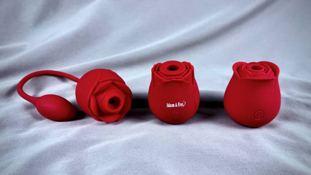 Eve’s Ravishing Suction Rose next to some of my other rose toys
