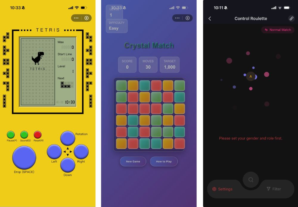 Screenshots of three Lovense games