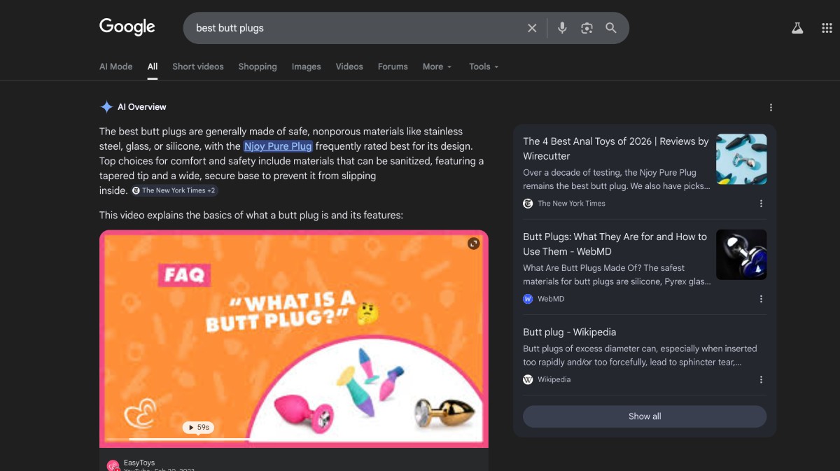 Google AI Overview for best butt plugs