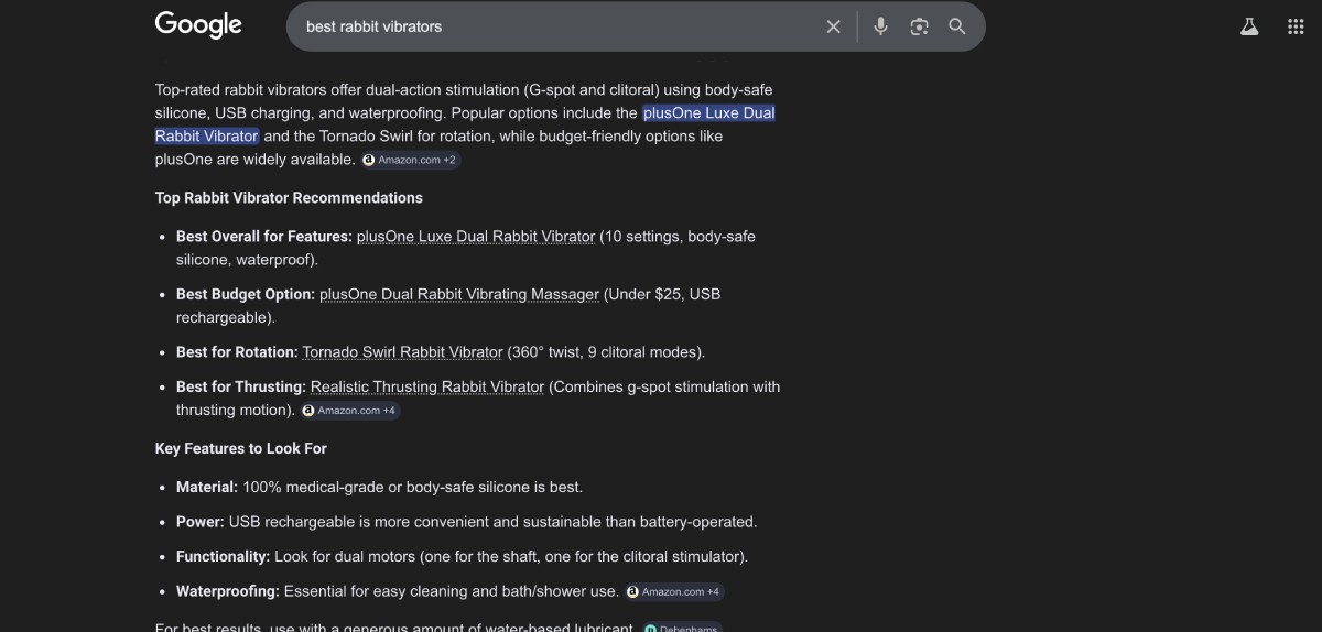 Google AI Overview for best rabbit vibrator